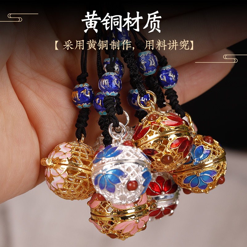 原創手工古風鏤空景泰藍香囊球紅繩項鏈吊墜漢服香薰球香珠包掛件-細節圖4