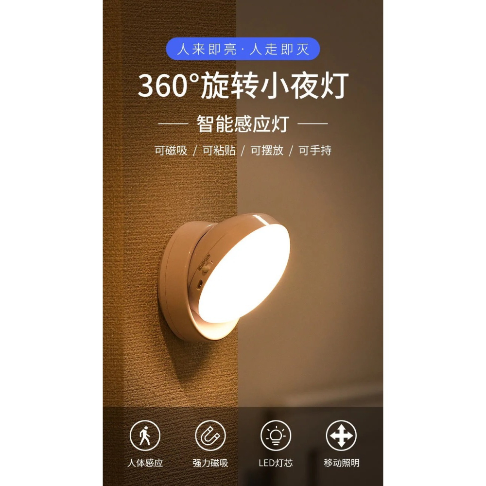 可充電式感應LED小夜燈宿舍寢室小燈臥室牀頭無線粘貼墻壁燈插電-細節圖6