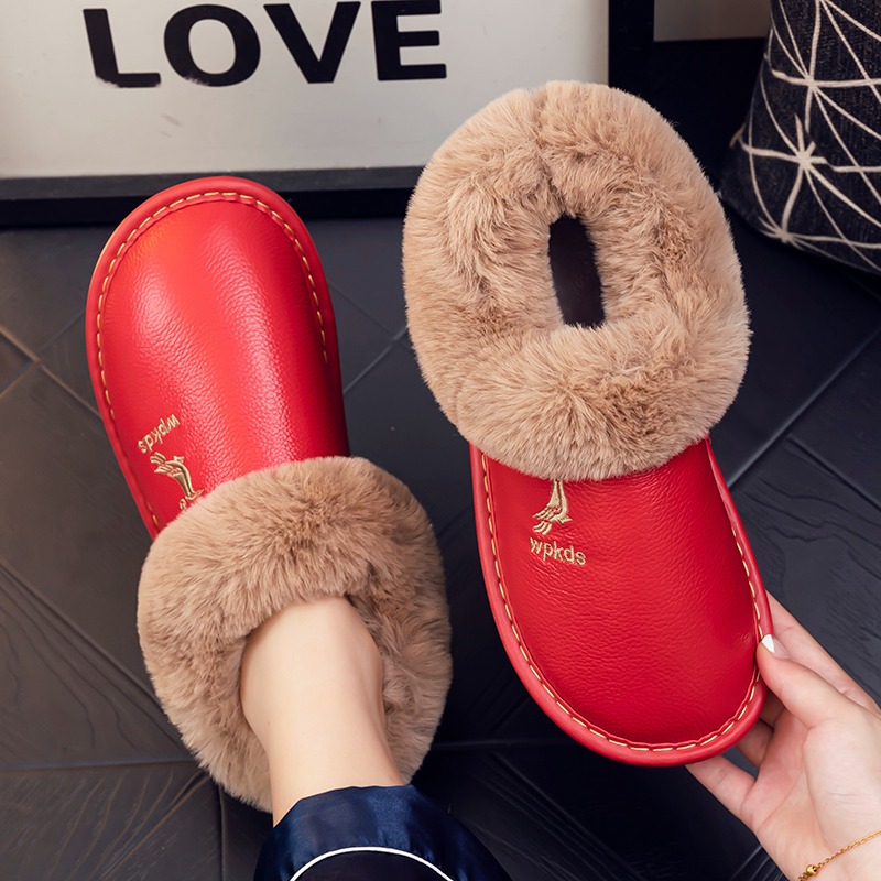 啄木鳥全牛皮面包腳帶後跟防水居家冬季棉拖鞋男女室內防滑牛筋底-細節圖7