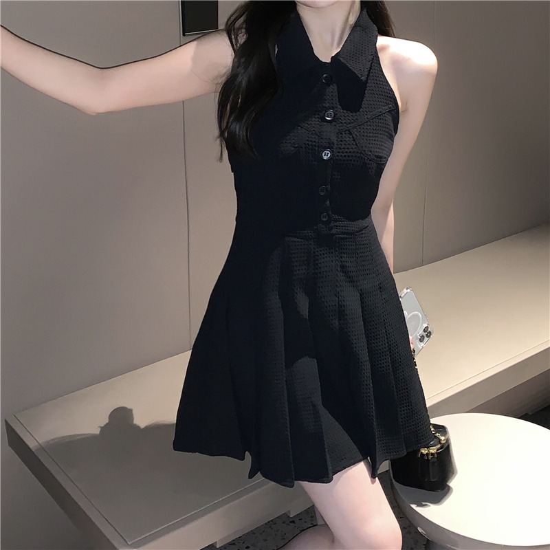 純欲新款露背綁帶掛脖2022百褶連衣裙女夏季甜辣翻領無袖氣質短裙-細節圖5