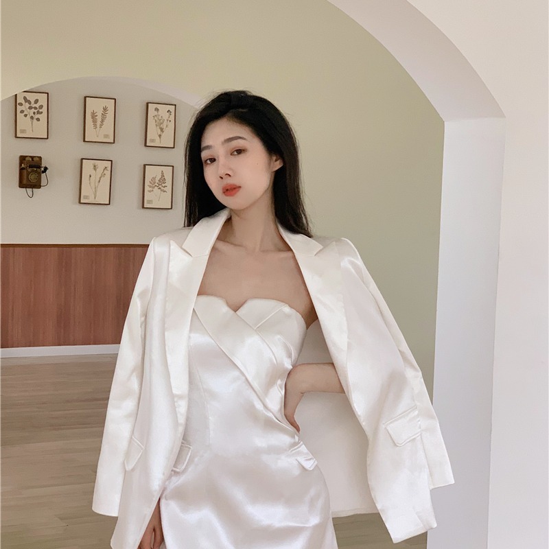 中長款韓版白色西裝外套寬松休閑紐扣口袋2022春裝女新款西服上衣-細節圖2
