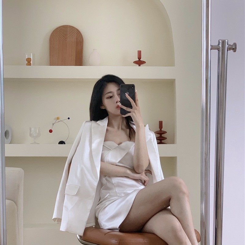 中長款韓版白色西裝外套寬松休閑紐扣口袋2022春裝女新款西服上衣-細節圖3
