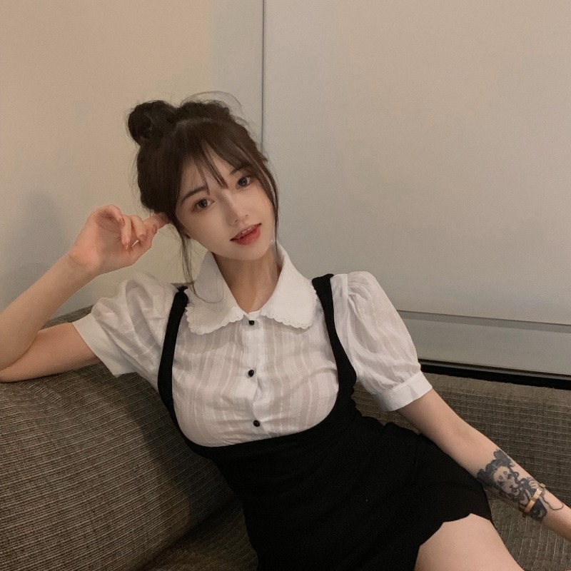 2022新款假兩件辣妹連衣裙女春裝氣質泡泡袖短袖純欲小個子包臀裙-細節圖2