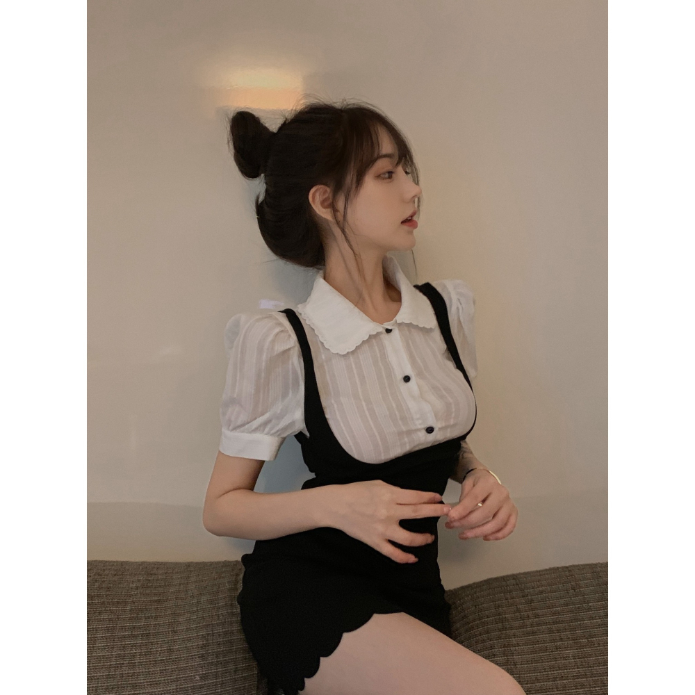 2022新款假兩件辣妹連衣裙女春裝氣質泡泡袖短袖純欲小個子包臀裙-細節圖3