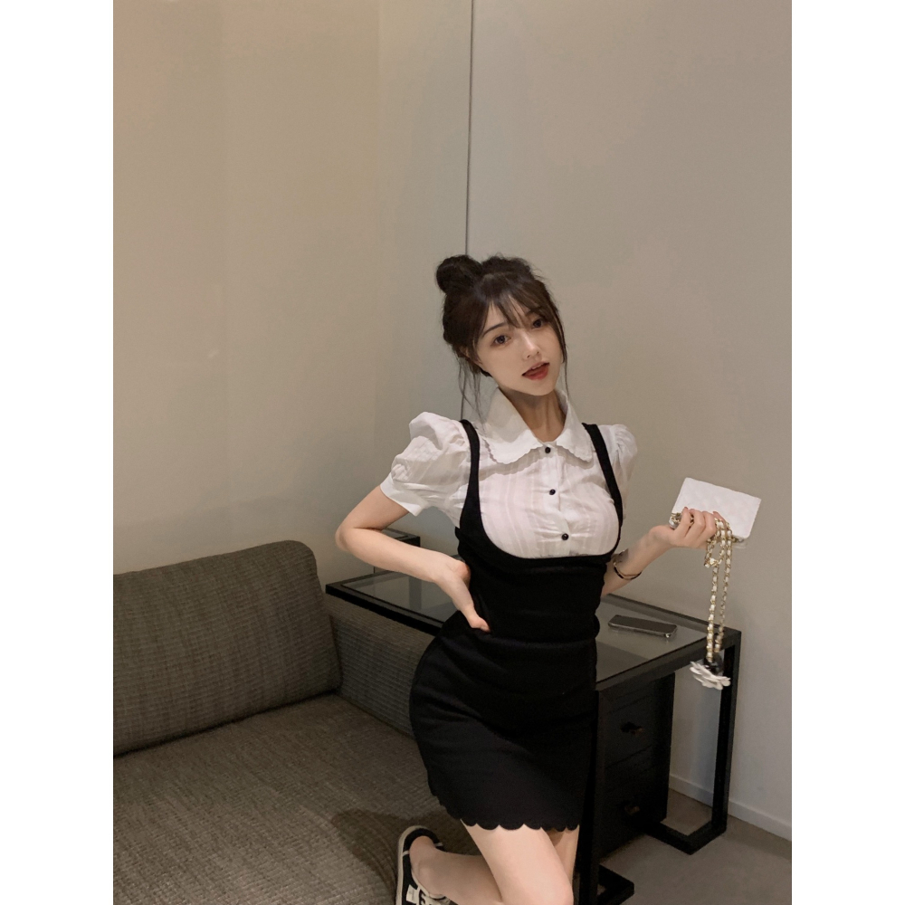 2022新款假兩件辣妹連衣裙女春裝氣質泡泡袖短袖純欲小個子包臀裙-細節圖4