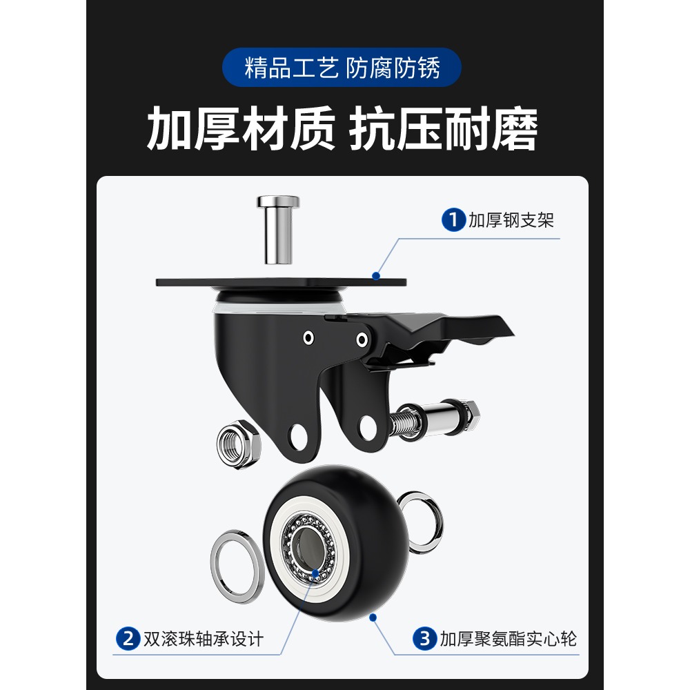 萬向輪輪子帶剎車2/3/4寸靜音定向轉向腳輪通用重型手推車小滑輪-細節圖3