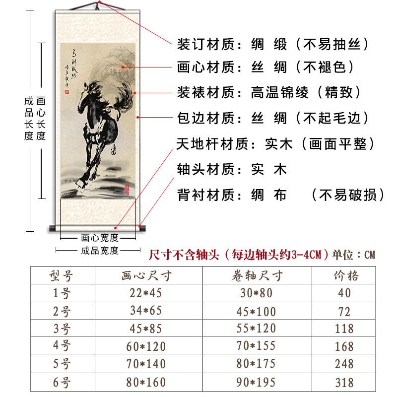 國畫徐悲鴻馬到成功駿馬絲綢掛畫客廳辦公室裝飾畫馬的字畫真跡畫-細節圖2