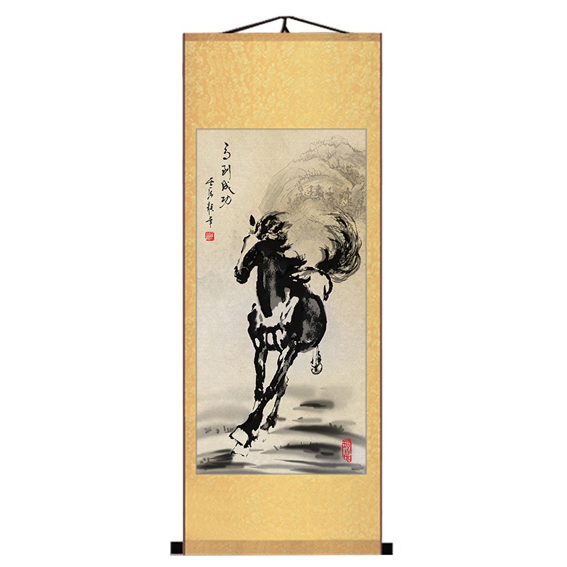 國畫徐悲鴻馬到成功駿馬絲綢掛畫客廳辦公室裝飾畫馬的字畫真跡畫-細節圖5