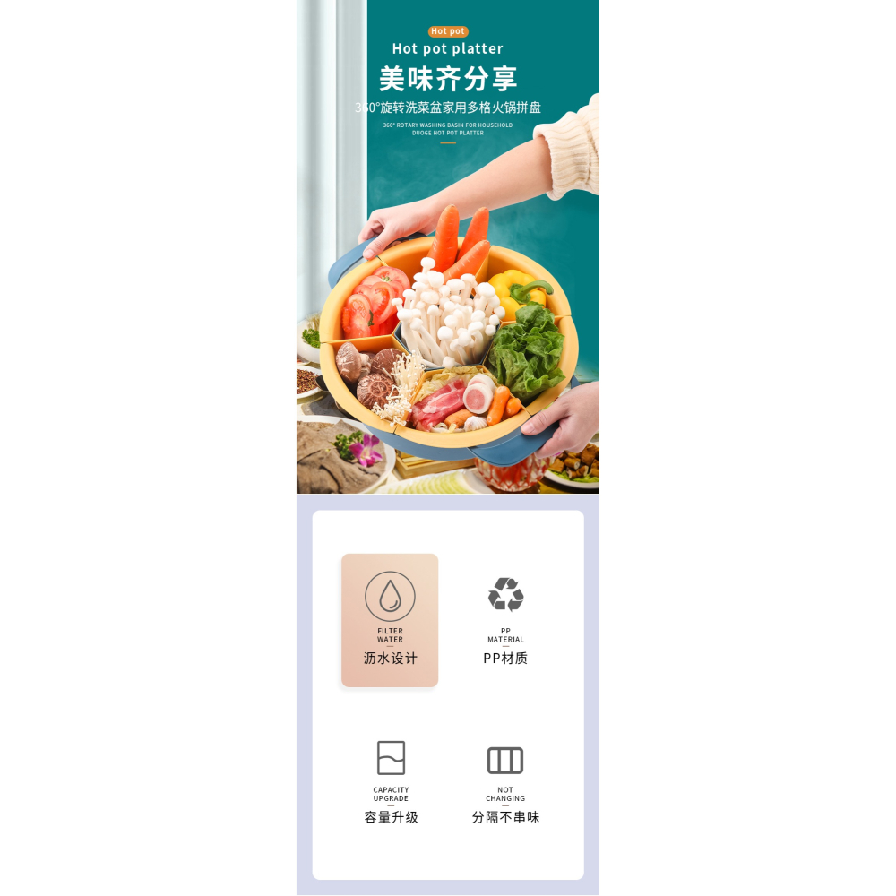 可旋轉家用火鍋食材拼盆蔬菜拼盤水果盤洗菜盆瀝水籃果盤零食盤-細節圖5