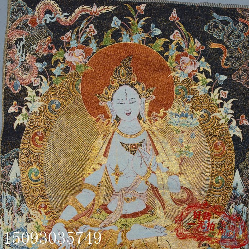 古玩收藏 唐卡織錦布畫絲織畫 刺繡金絲線蘇繡 精品度母織繡15-細節圖2