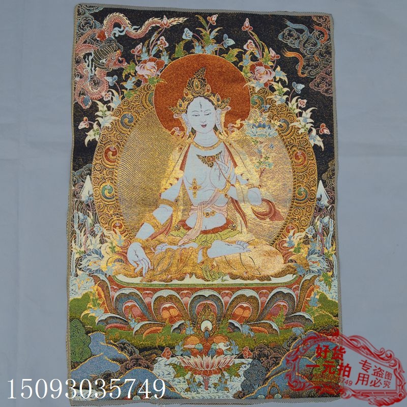 古玩收藏 唐卡織錦布畫絲織畫 刺繡金絲線蘇繡 精品度母織繡15-細節圖6