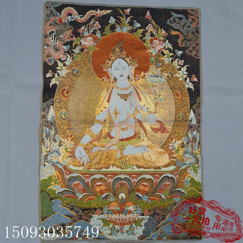 古玩收藏 唐卡織錦布畫絲織畫 刺繡金絲線蘇繡 精品度母織繡15-細節圖7