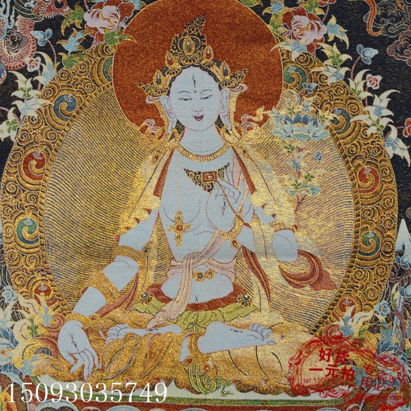 古玩收藏 唐卡織錦布畫絲織畫 刺繡金絲線蘇繡 精品度母織繡15-細節圖10