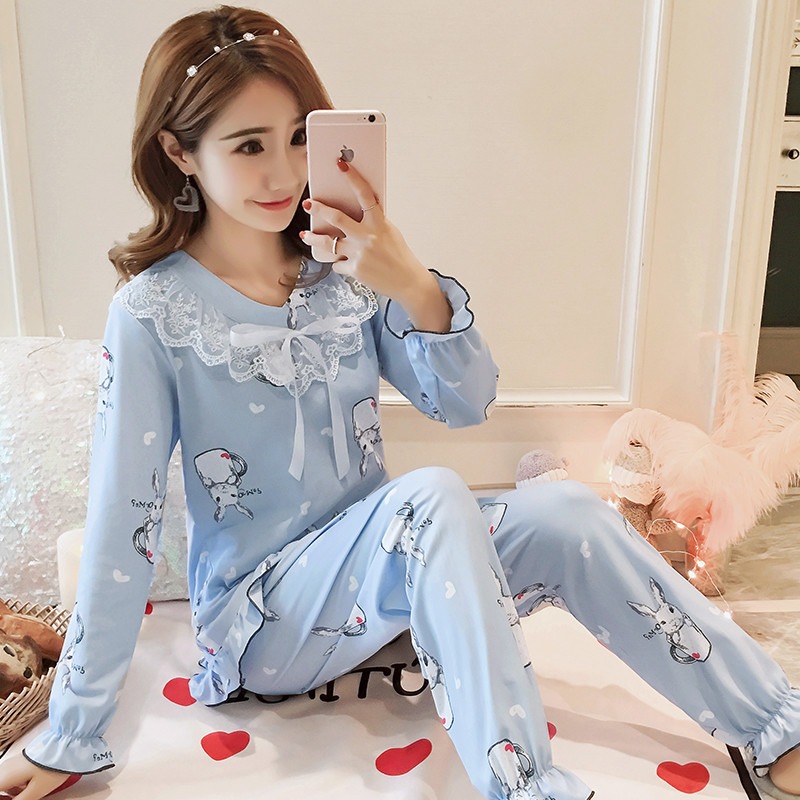 2022夏天睡衣女長袖純棉春秋薄款大碼寬松公主風可外穿家居服套裝-細節圖2