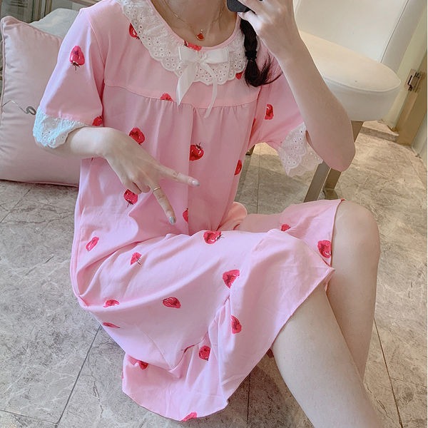 草莓睡衣裙女夏季天薄款莫代爾純棉短袖可愛學生公主風睡裙家居服-細節圖2