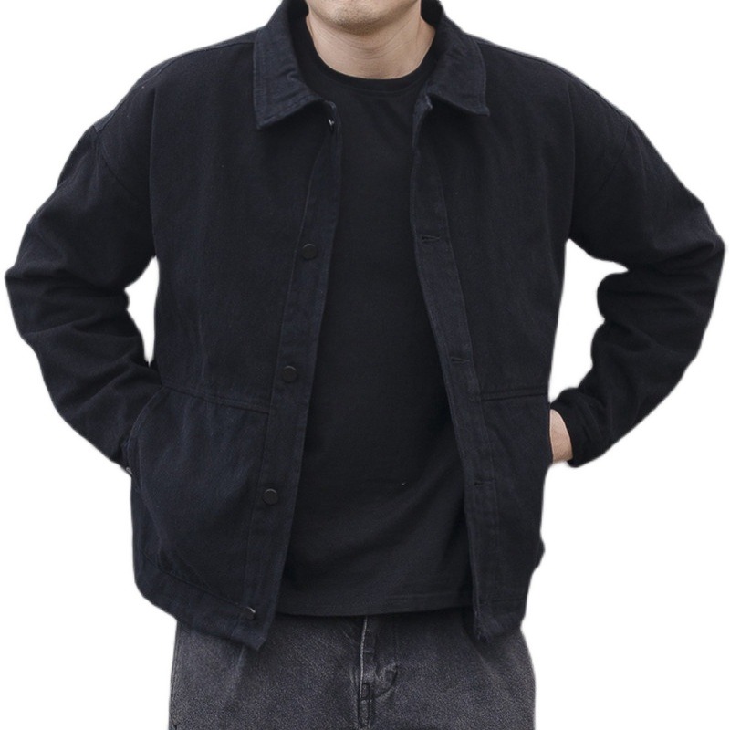日系復古潮牌春秋季翻領牛仔外套男士黑色潮流帥氣寬松工裝夾克男-細節圖5