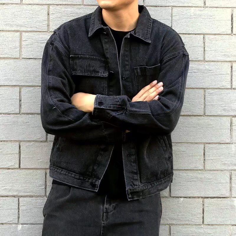 秋季潮牌機能牛仔外套男ins潮流復古寬松黑色休閑工裝上衣服夾克-細節圖2