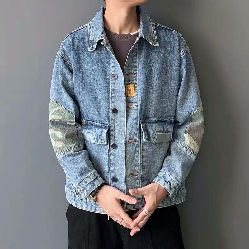 春秋牛仔外套男寬松潮牌拼接工作服翻領上衣勞保耐磨迷彩工裝夾克-細節圖2
