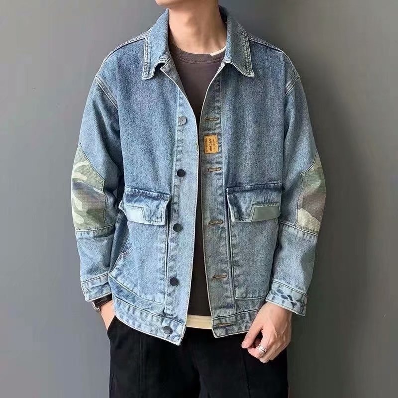 春秋牛仔外套男寬松潮牌拼接工作服翻領上衣勞保耐磨迷彩工裝夾克-細節圖3