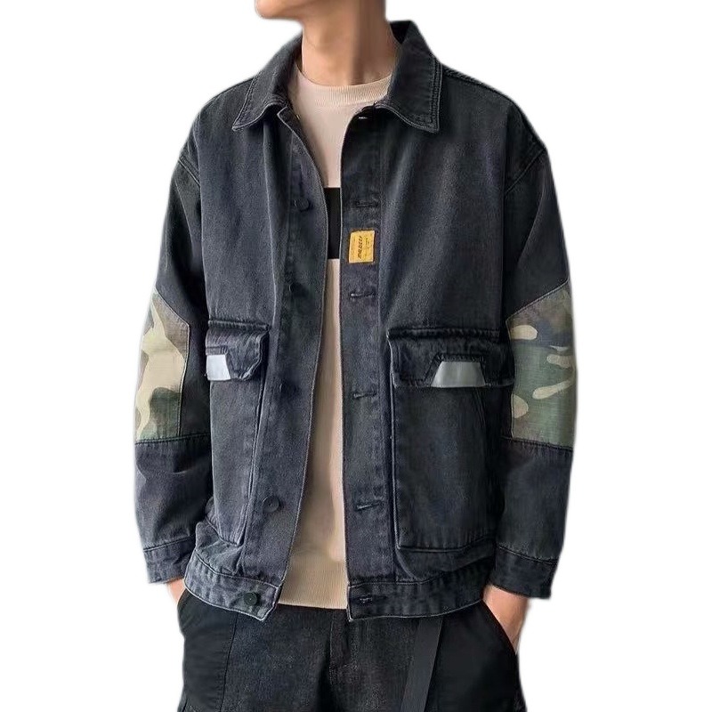 春秋牛仔外套男寬松潮牌拼接工作服翻領上衣勞保耐磨迷彩工裝夾克-細節圖4
