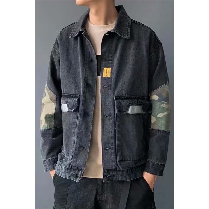 春秋牛仔外套男寬松潮牌拼接工作服翻領上衣勞保耐磨迷彩工裝夾克-細節圖5