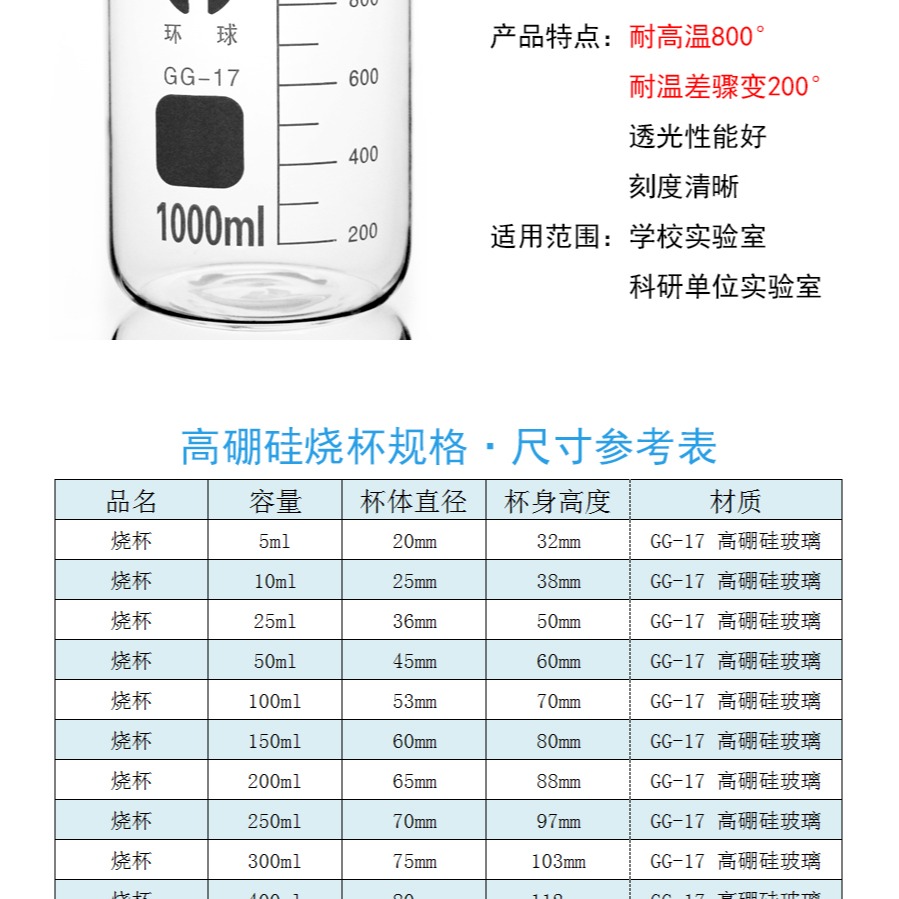 環球透明玻璃燒杯化學實驗室器材加熱耐高溫高硼硅GG17帶刻度量杯25 50 100 200 250 500 1000ml-細節圖9