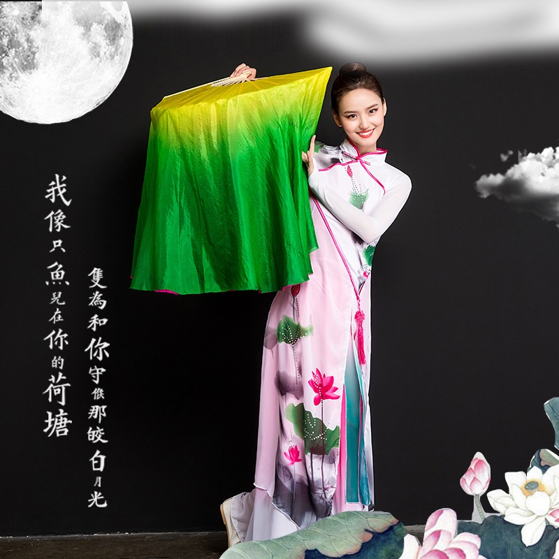 真絲舞蹈扇六月清荷扇子雙面漸變色加長舞臺表演古典演出跳舞扇子-細節圖2