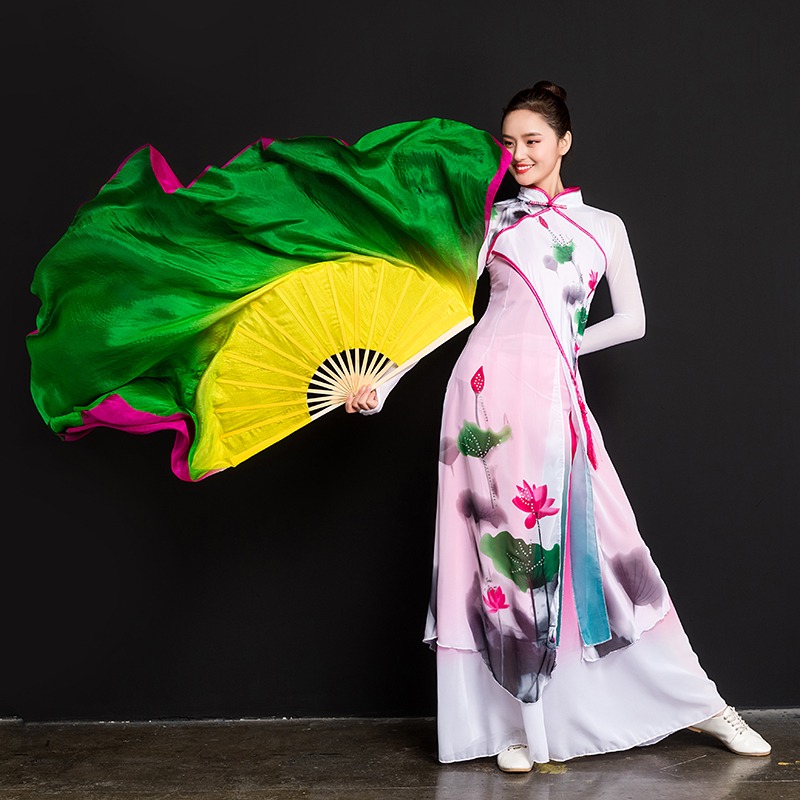 真絲舞蹈扇六月清荷扇子雙面漸變色加長舞臺表演古典演出跳舞扇子-細節圖4
