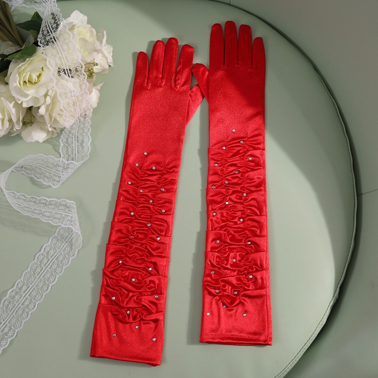 新娘結婚紗紅白色丁手套中長款禮服薄款褶皺鑲點白鉆緞面攝影演出-細節圖4