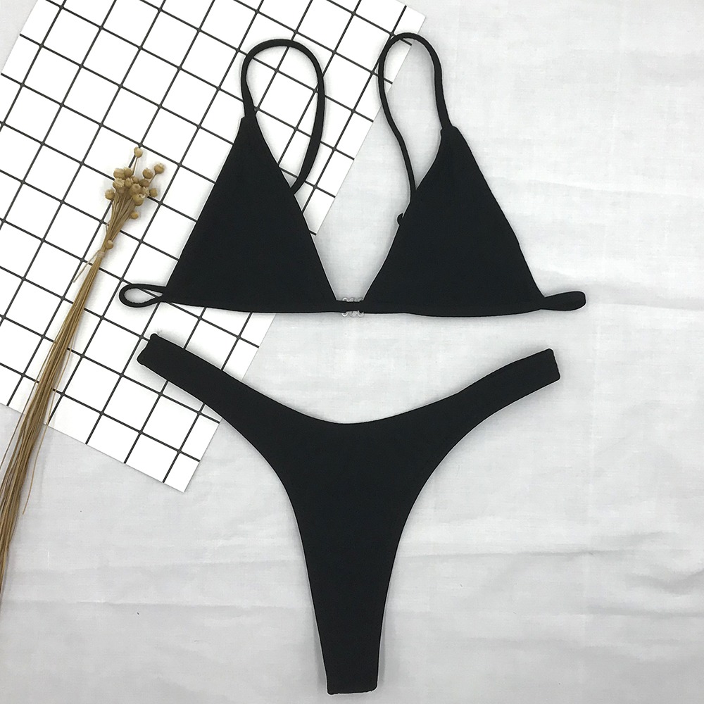 黑白純色歐美性感比基尼泳裝針織吊帶三點式丁字褲聚攏分體bikini-細節圖2