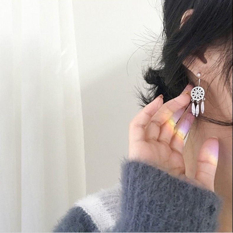 捕夢網耳環女純銀氣質簡約耳釘韓國個性流蘇耳墜復古民族風耳飾品-細節圖5