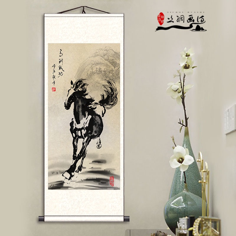 國畫徐悲鴻馬到成功駿馬絲綢掛畫客廳辦公室裝飾畫馬的字畫真跡畫-細節圖4