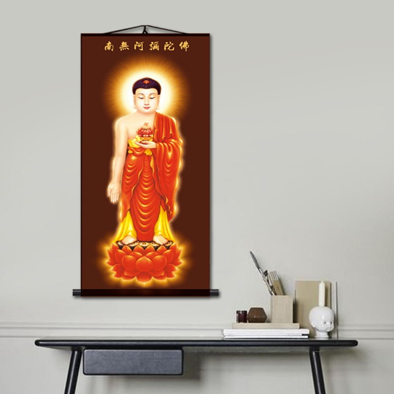 南無阿彌陀佛佛像畫像絲綢卷軸掛畫高清像墻貼結緣豎版西方三聖-細節圖4
