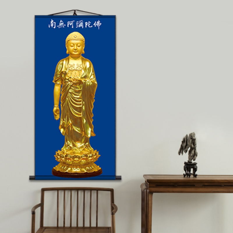 佛像掛畫南無阿彌陀佛畫像釋迦牟尼畫佛唐卡西方三聖絹布卷軸字畫-細節圖4