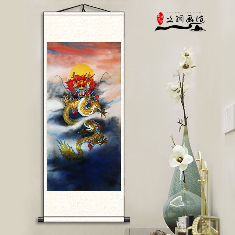 國畫龍畫圖畫中國龍掛畫鯉魚跳龍門龍的圖案客廳裝飾豎版卷軸字畫-細節圖4