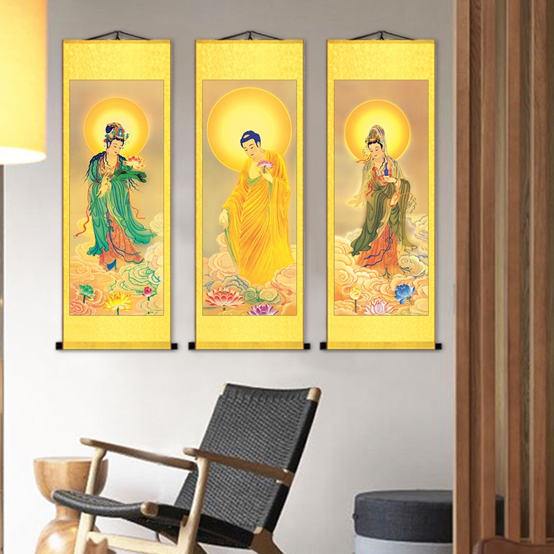 國畫佛像西方三聖畫像絲綢卷軸掛畫供奉阿彌陀佛神像佛教道場豎版-細節圖4