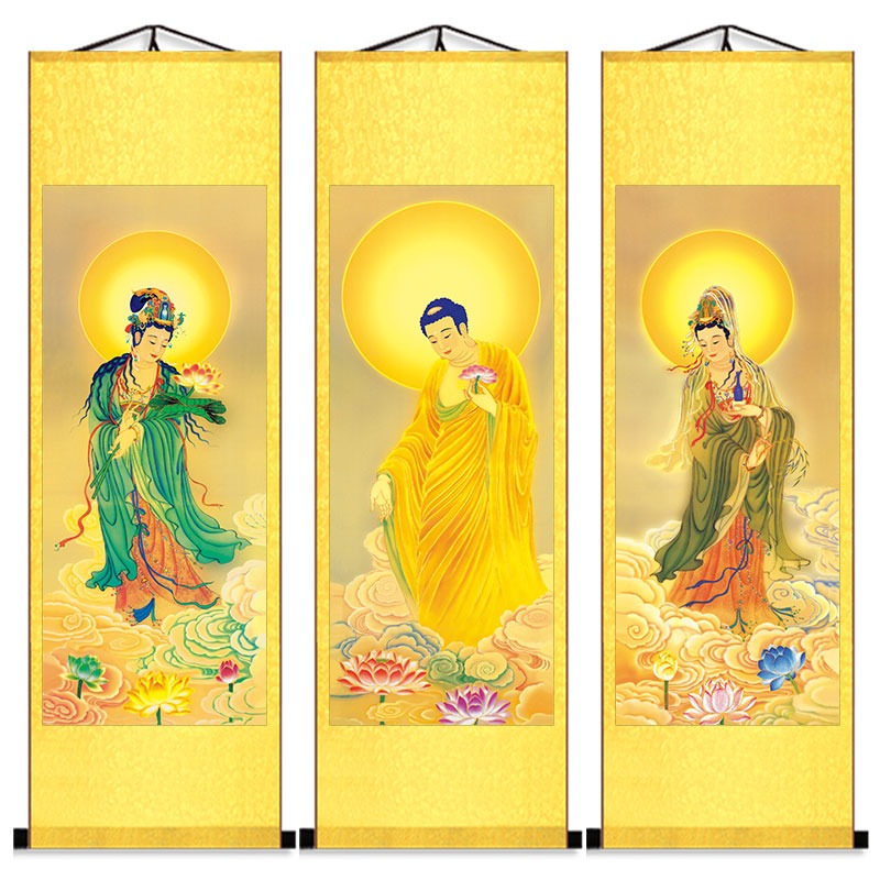 國畫佛像西方三聖畫像絲綢卷軸掛畫供奉阿彌陀佛神像佛教道場豎版-細節圖5