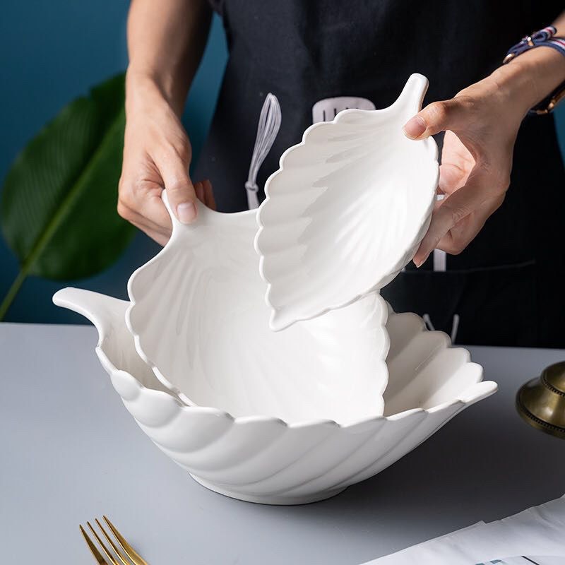 新款純白創意陶瓷碗 樹葉碗 水果碗 沙拉碗 家用點心碗 手柄碗-細節圖4