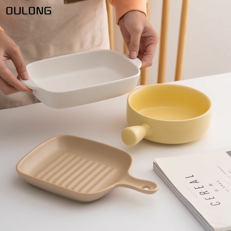 簡約ins風手柄烤盤烤碗家用焗飯雙耳烤盤烘焙烤箱專用早餐沙拉碗-細節圖3
