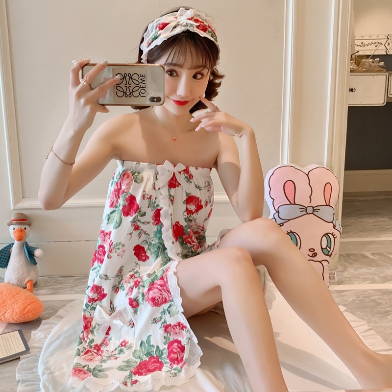 女士可愛抹胸夏季睡裙套裝甜美裹胸純棉浴巾浴袍睡衣睡袍性感檸檬-細節圖2