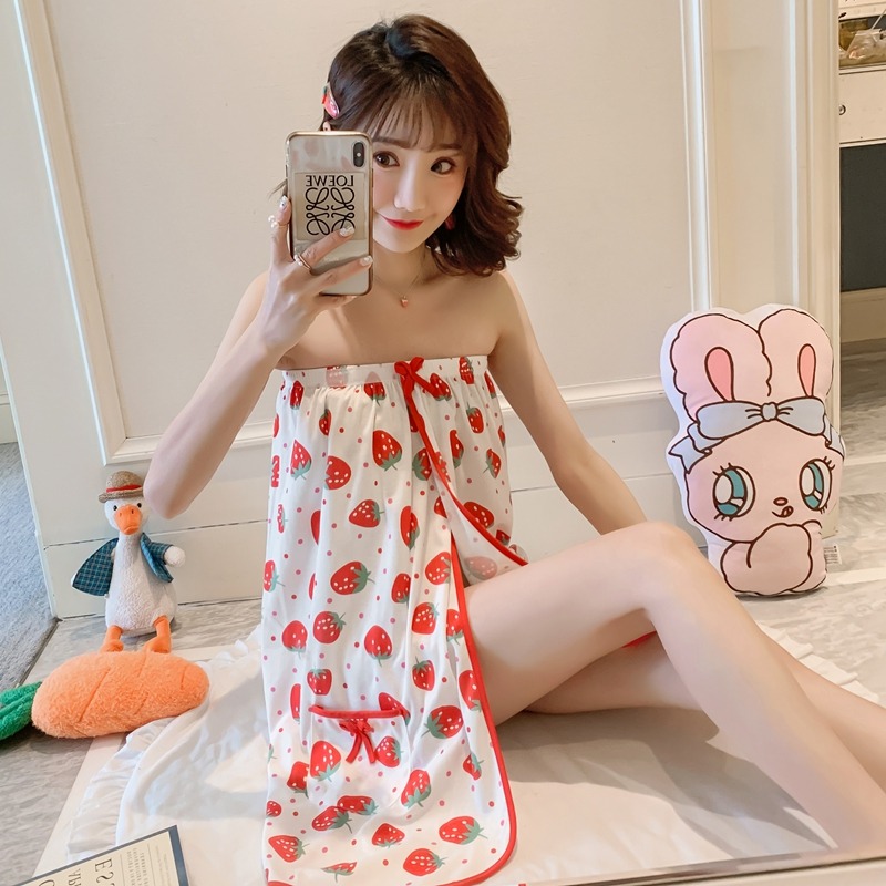 女士可愛抹胸夏季睡裙套裝甜美裹胸純棉浴巾浴袍睡衣睡袍性感檸檬-細節圖4