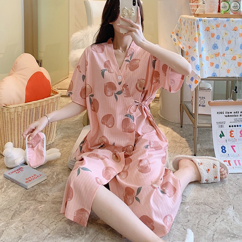 睡裙女夏季薄款日式和服浴袍甜美可愛日系帶睡衣女款長款過膝睡袍-細節圖3