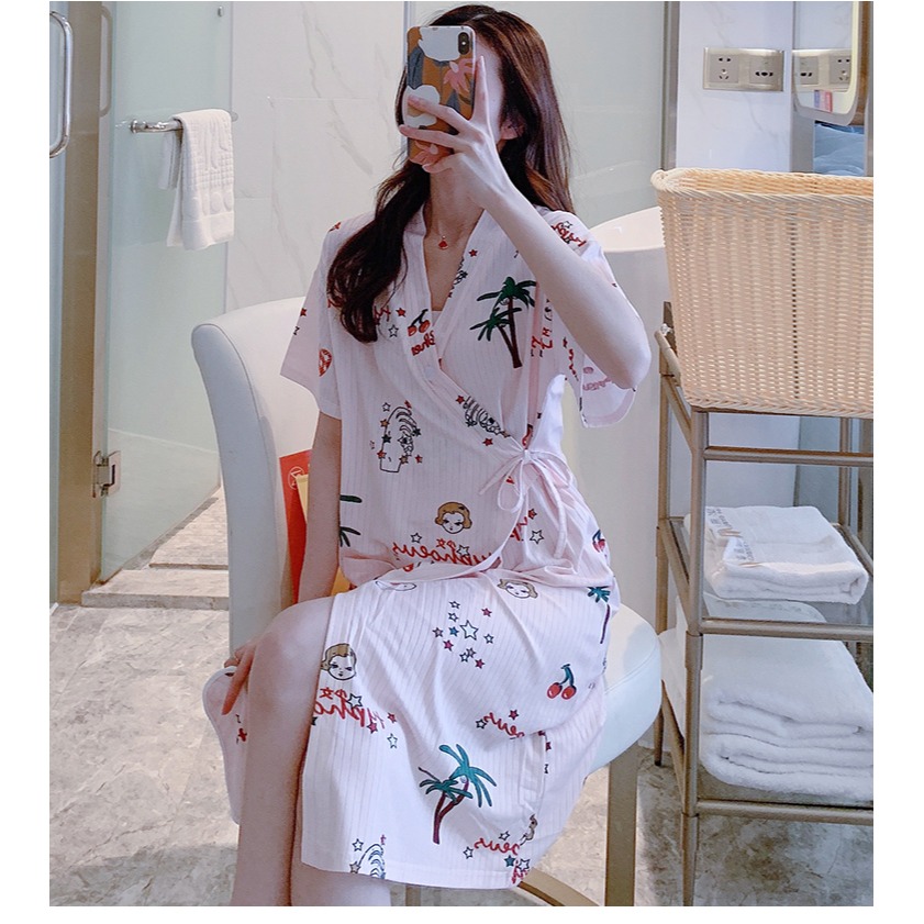 睡衣女睡裙夏季薄款純棉短袖可愛日系中長款日式和服睡袍夏天V領-細節圖2