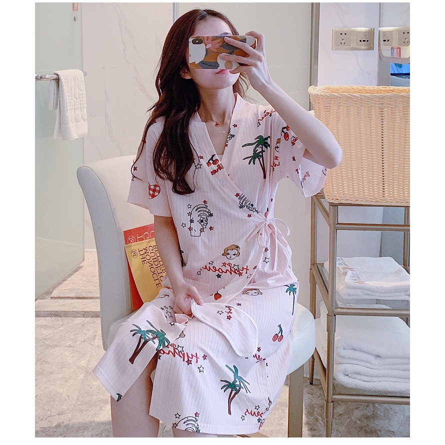 睡衣女睡裙夏季薄款純棉短袖可愛日系中長款日式和服睡袍夏天V領-細節圖3