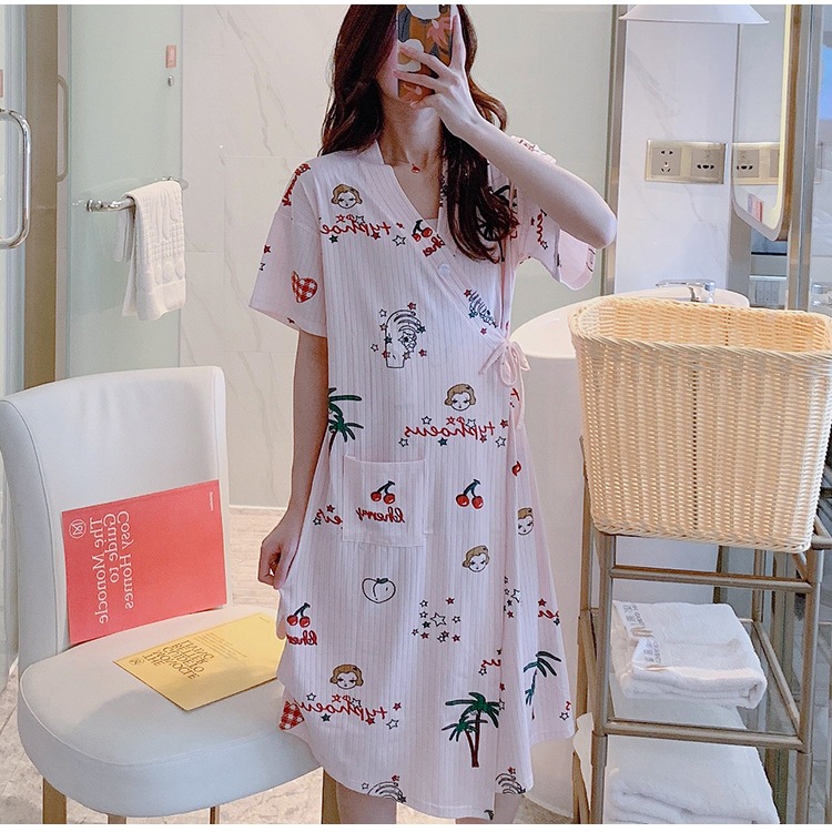 睡衣女睡裙夏季薄款純棉短袖可愛日系中長款日式和服睡袍夏天V領-細節圖4