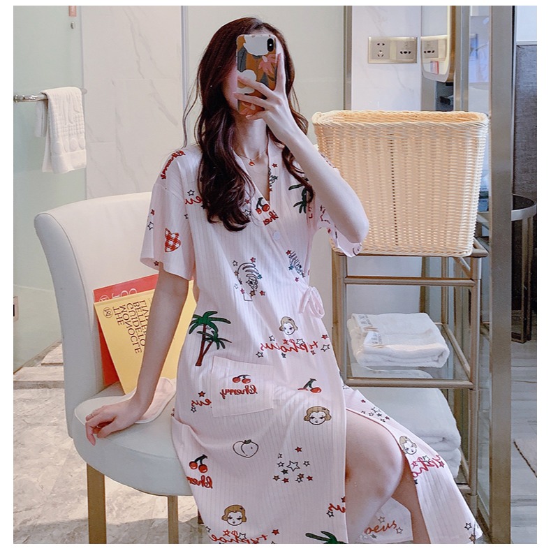 睡衣女睡裙夏季薄款純棉短袖可愛日系中長款日式和服睡袍夏天V領-細節圖5