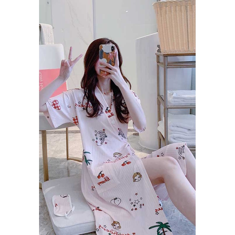 睡衣女睡裙夏季薄款純棉短袖可愛日系中長款日式和服睡袍夏天V領-細節圖6