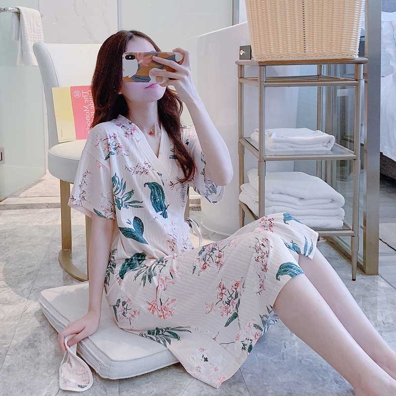 睡衣女睡裙夏季薄款純棉短袖可愛日系中長款日式和服睡袍夏天V領-細節圖8