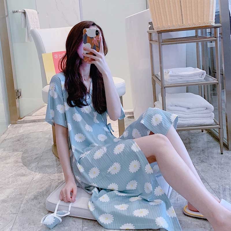 睡衣女睡裙夏季薄款純棉短袖可愛日系中長款日式和服睡袍夏天V領-細節圖9