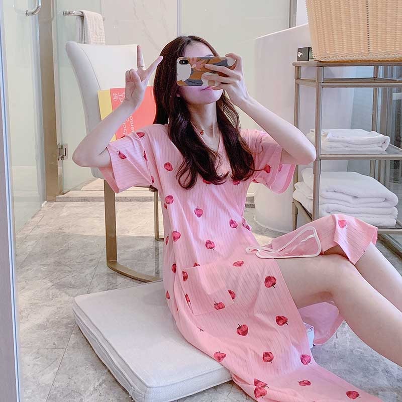 睡衣女睡裙夏季薄款純棉短袖可愛日系中長款日式和服睡袍夏天V領-細節圖10